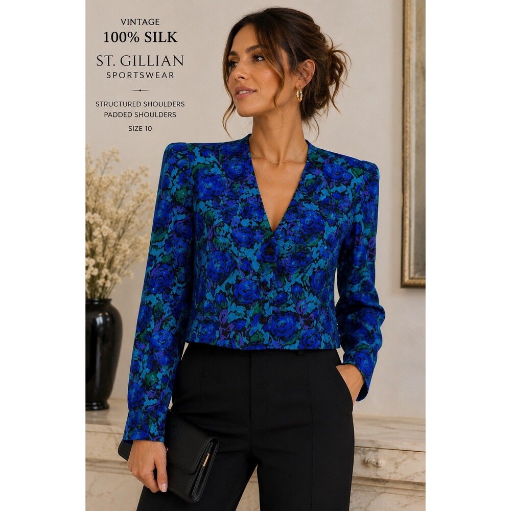 Vintage 100% Silk St. Gillian Floral Blazer Structured Padded Shoulders Sz 10